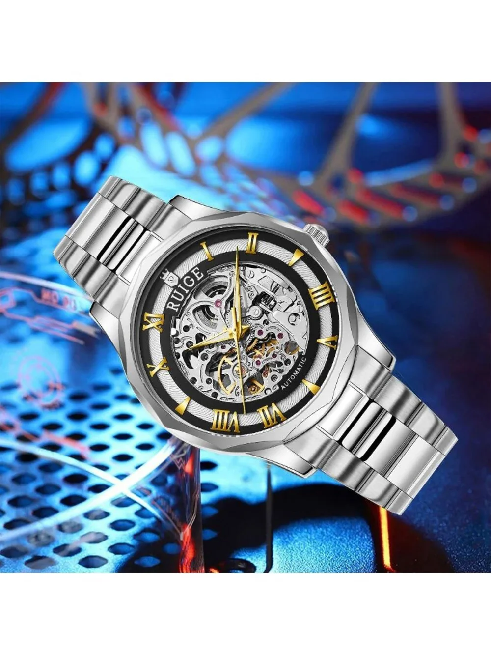 Men's Gold White Fully Automatic Stainless Steel Waterproof Fashion Trend Watch